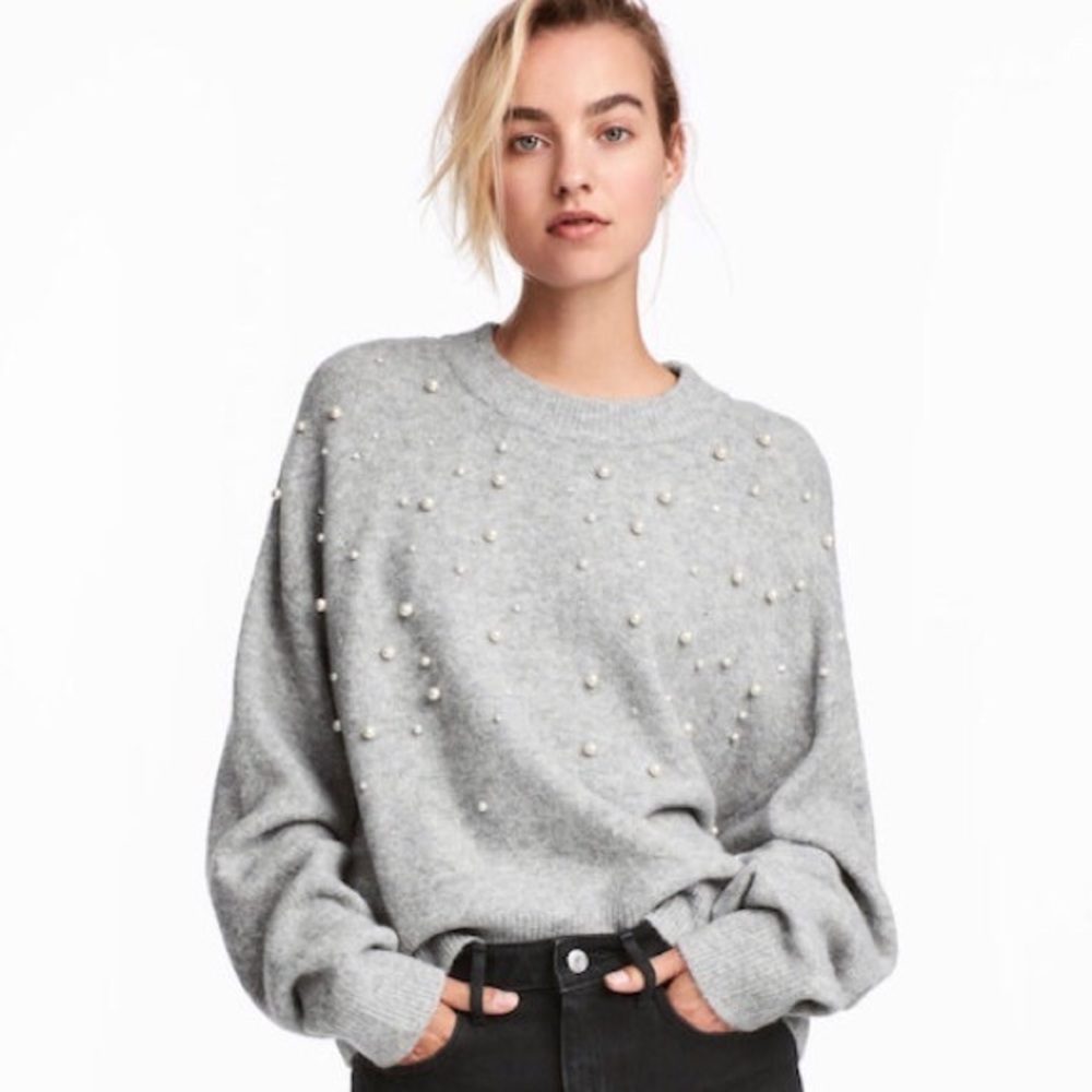 H&M Grey Sweater w/ Pearl & Diamond Embellishment